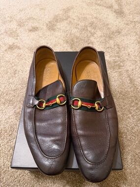 Gucci Brown Leather Horsebit Loafers with Green-Red Web